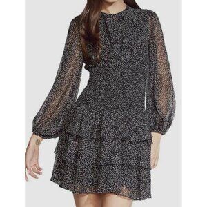 Bardot  Black White Sheer Long-Sleeve Keyhole Tiered Mini Dress Size 10/L #1061